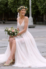 Simple v neck tulle white long wedding dress white bridal dress - RongMoon