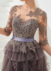 Half Sleeves A-line Lace Appliques Jewel Gray Evening Dress