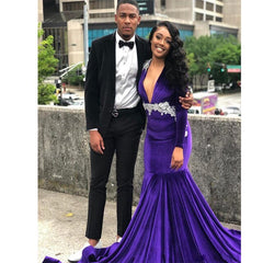 Appliques Purple Mermaid Deep V-neck Long Sleeve Prom Dress