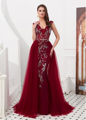 Tulle V-neck Beading Navy Floor-length A-line Evening Dress
