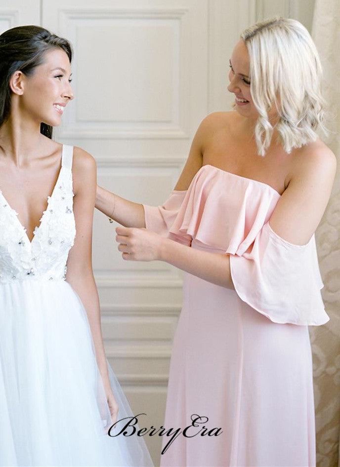 Strapless Pink Chiffon Bridesmaid Dresses, A-line Wedding Bridesmaid Dresses - RongMoon