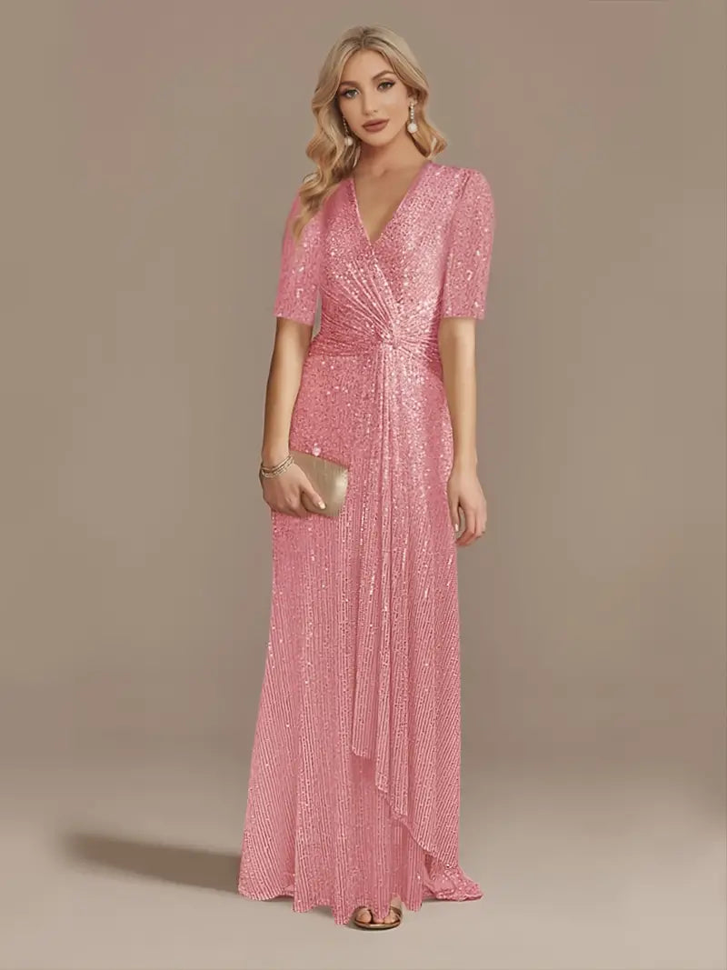 Pink Sequin Short Sleeve Party Prom Dress