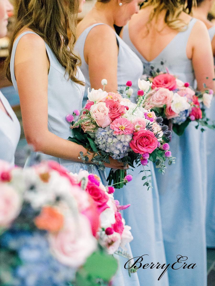 Light Blue A-line Bridesmaid Dresses, A-line V neck Bridesmaid Dresses - RongMoon