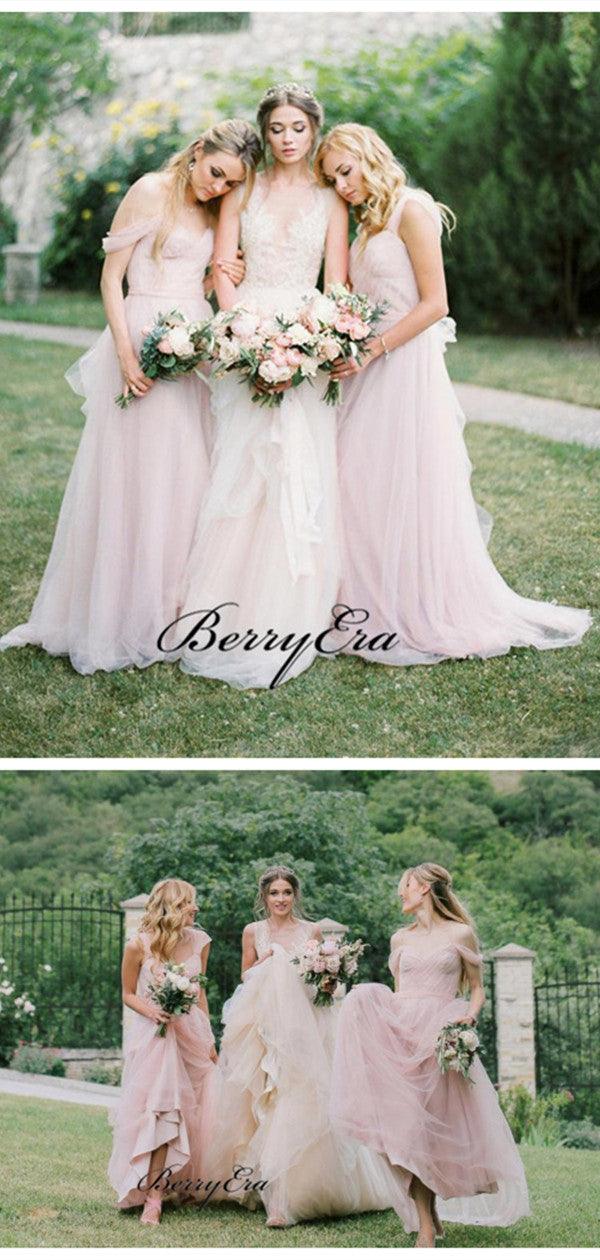Light Pink Off Shoulder Bridesmaid Dresses, Tulle A-line Bridesmaid Dresses - RongMoon