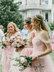 Light Pink Off Shoulder Bridesmaid Dresses, Tulle A-line Bridesmaid Dresses - RongMoon