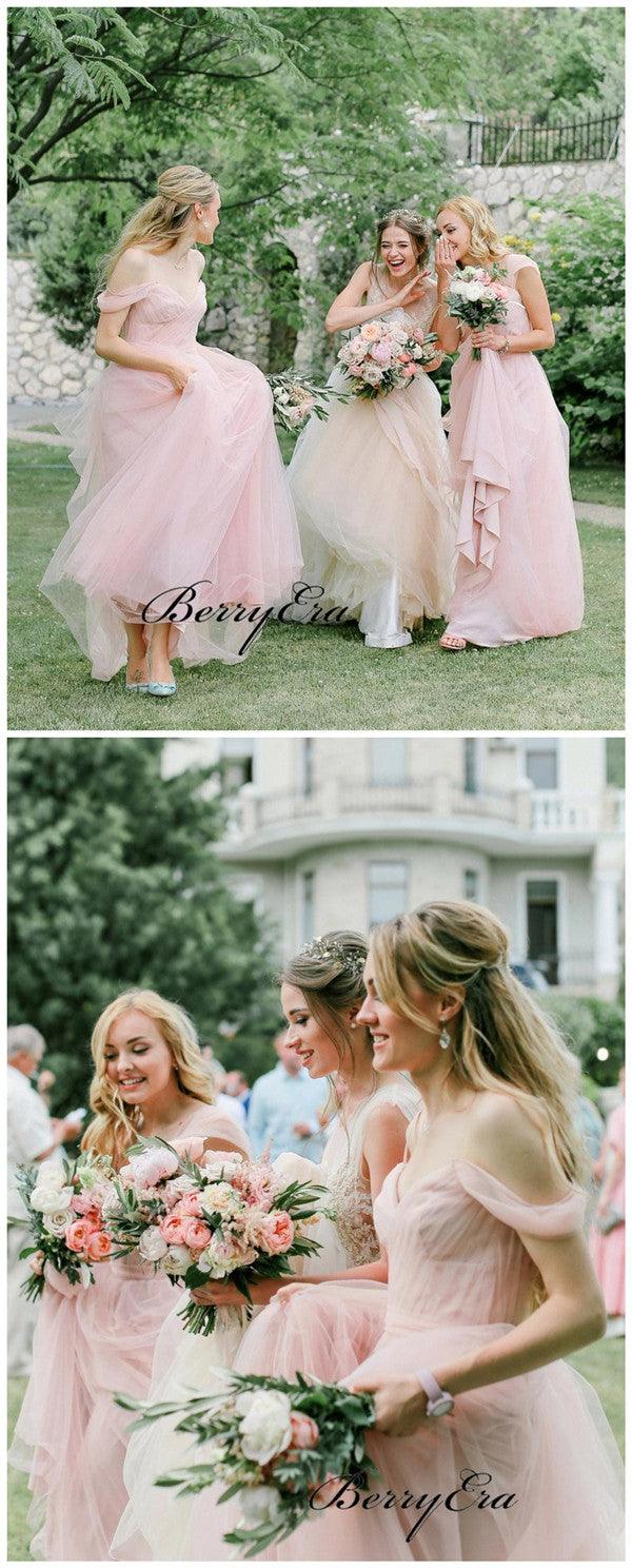 Light Pink Off Shoulder Bridesmaid Dresses, Tulle A-line Bridesmaid Dresses - RongMoon