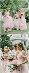 Light Pink Off Shoulder Bridesmaid Dresses, Tulle A-line Bridesmaid Dresses - RongMoon