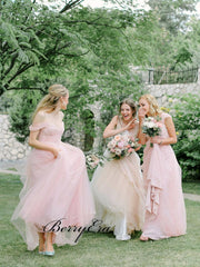 Light Pink Off Shoulder Bridesmaid Dresses, Tulle A-line Bridesmaid Dresses - RongMoon