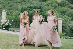 Light Pink Off Shoulder Bridesmaid Dresses, Tulle A-line Bridesmaid Dresses - RongMoon
