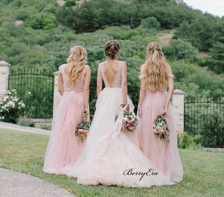 Light Pink Off Shoulder Bridesmaid Dresses, Tulle A-line Bridesmaid Dresses - RongMoon