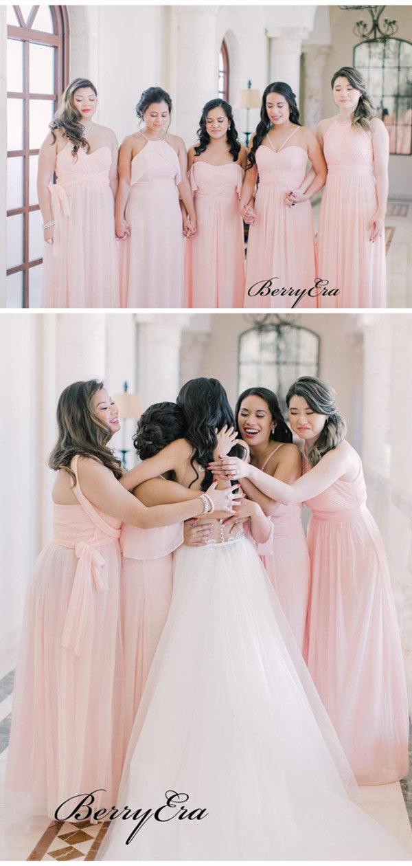 Pink Color Mismatched Bridesmaid Dresses, Chiffon Wedding Guest Dresses - RongMoon