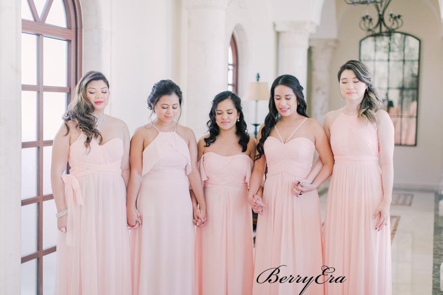 Pink Color Mismatched Bridesmaid Dresses, Chiffon Wedding Guest Dresses - RongMoon