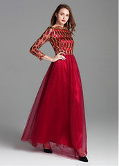 Charming Tulle Bateau Red Long A-line Prom Dress