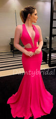 Charming Deep V-neck Mermaid Slit Satin Zipper Up Prom Dresses Evening Dresses.DB10486