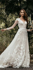 Gogerous V-neck Tulle With Appliques Open Back Wedding Dresses,DB10266