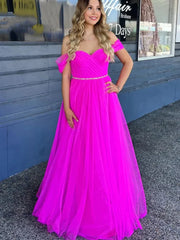 Fuchsia Tulle Beading Off Shoulder Long Prom Dress