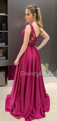 Sexy V-neck Satin A-line Long Prom Dresses Evening Dresses.DB10456