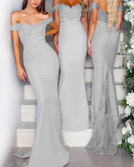 Lace Appliques V-neck Off The Shoulder Long Jersey Mermaid Bridesmaid Dress