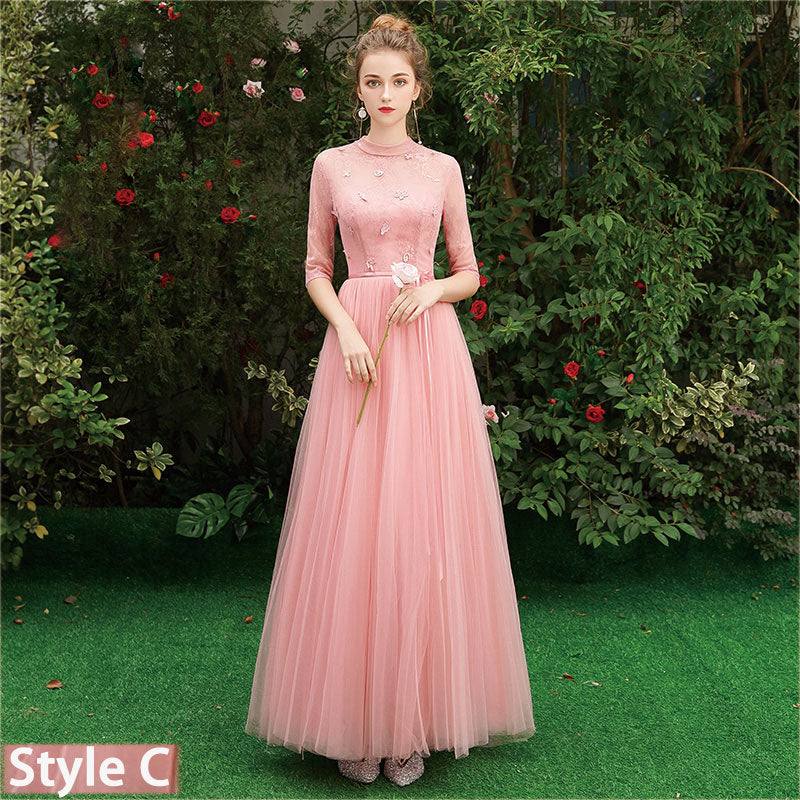 Dusty Rose Lace A-line Long Style Bridesmaid Dresses - RongMoon