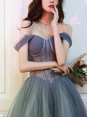 Gray blue tulle long prom dress, gray tulle formal dress - RongMoon