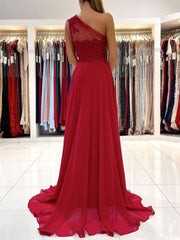 Red one shoulder chiffon lace long prom dress, red evening dress - RongMoon