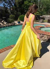 A Line V Neck Yellow Satin Prom Dress With Pockets
