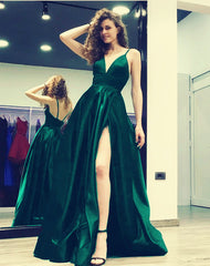 Spaghetti Straps V-neck Satin Prom Long Dresses Leg Split Evening Gowns