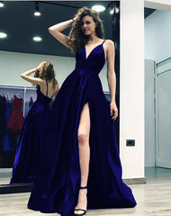 Spaghetti Straps V-neck Satin Prom Long Dresses Leg Split Evening Gowns