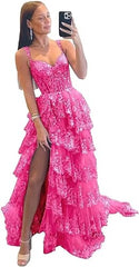 Lavender Lace Straps A Line Prom Dress With Slit