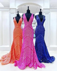 Hot Pink V Neck Sequin Trumpet Mermaid Prom Dress