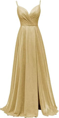 Spaghetti Strap Pink Sequin Backless Prom Dress with High Slit