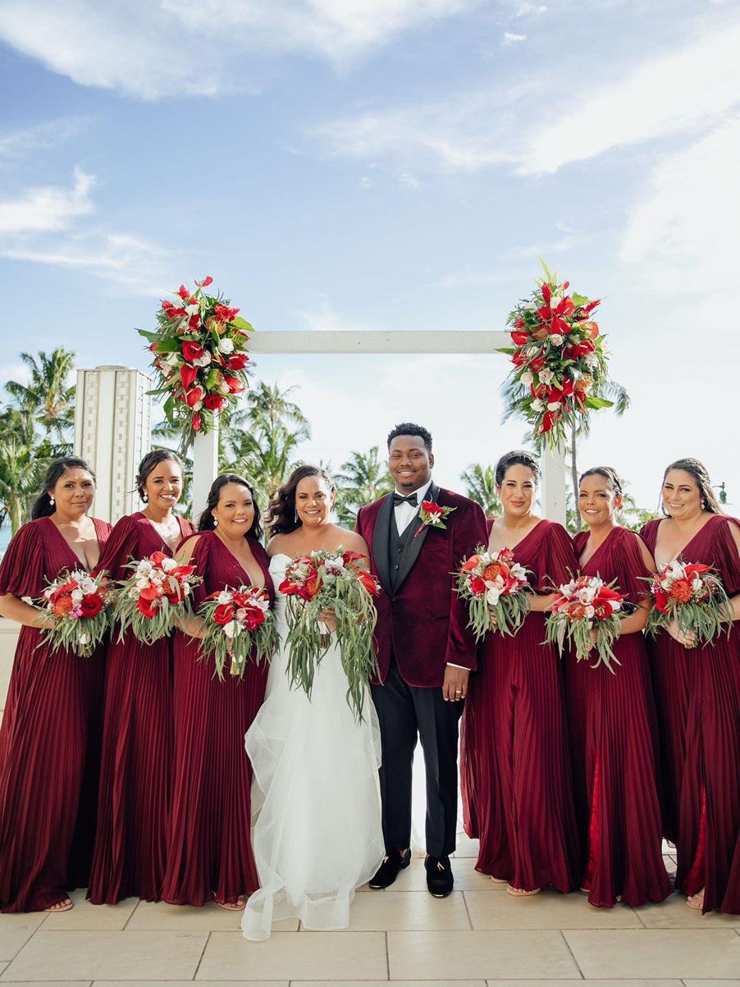 V-neck Half Sleeves Burgundy Chiffon Bridesmaid Dresses, Lovely Bridesmaid Dresses, 2020 Bridesmaid Dresses - RongMoon