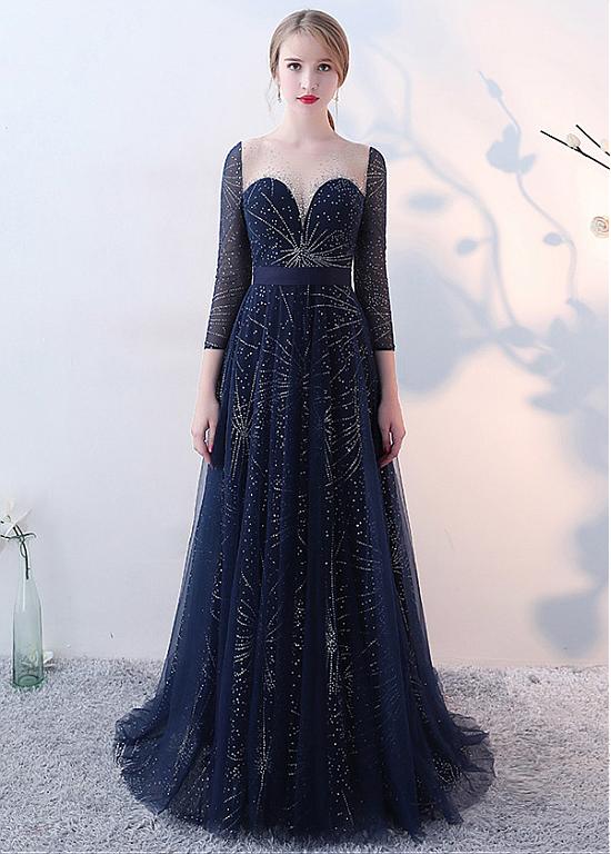 Sequin Lace Jewel Long Sleeves Beadings A-line Evening Dress