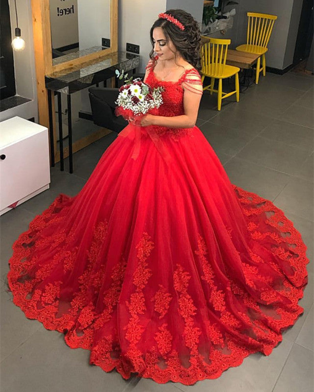 Red Lace Appliques Wedding Dresses Ball Gowns With Tassell