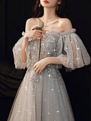 A-Line Glittering Elegant Engagement Formal Evening Dress Off Shoulder Half Sleeve Floor Length Tulle with Pleats Beading Sequin - RongMoon