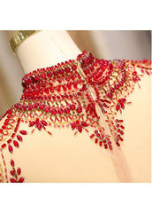 Satin High Collar long Sleeve Beading Prom Evening Dress