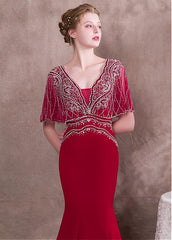 Satin V-neck Burgundy Mermaid Evening Dress With Beadings