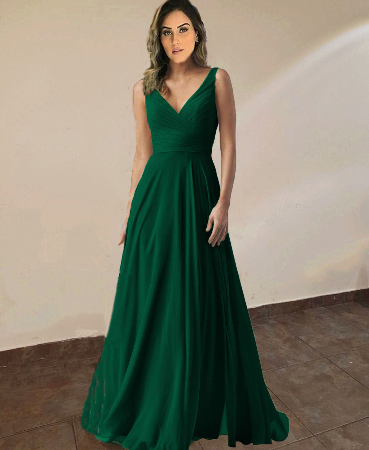 Stylish Pleated V-neck Long Chiffon Backless Bridesmaid Dresses