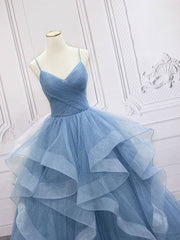 Blue tulle sequin long prom dress, blue tulle formal dress - RongMoon