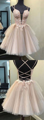 Champagne v neck tulle lace short prom dress lace homecoming dress - RongMoon