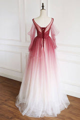 Burgundy tulle sequin long prom dress burgundy tulle formal dress - RongMoon