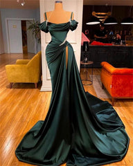 Sexy Dark Green Satin Mermaid Prom Dresses Spaghetti Straps Pleats Seep Train Formal Evening Occasion Pageant Gowns    cg24837