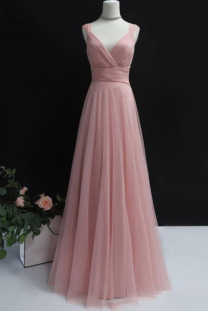 Simple pink tulle long prom dress pink tulle evening dress - RongMoon