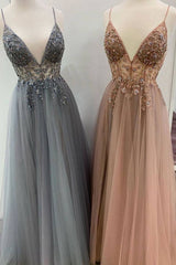 Elegant A line tulle lace long prom dress, tulle formal dress - RongMoon