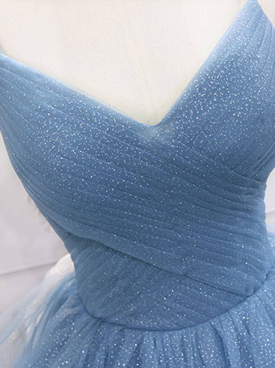 Blue tulle sequin long prom dress, blue tulle formal dress - RongMoon