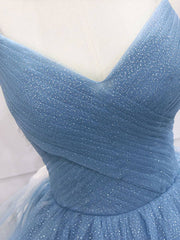 Blue tulle sequin long prom dress, blue tulle formal dress - RongMoon