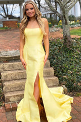 Simple yellow satin long prom dress yellow evening dress - RongMoon