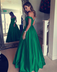 Emerald Green Satin V-neck Evening Gowns Long Off Shoulder Prom Dresses