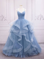 Blue tulle sequin long prom dress, blue tulle formal dress - RongMoon