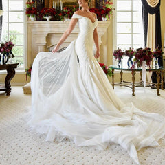 Sexy Off Shoulder V Neck Tulle Mermaid Wedding Dresses 2017